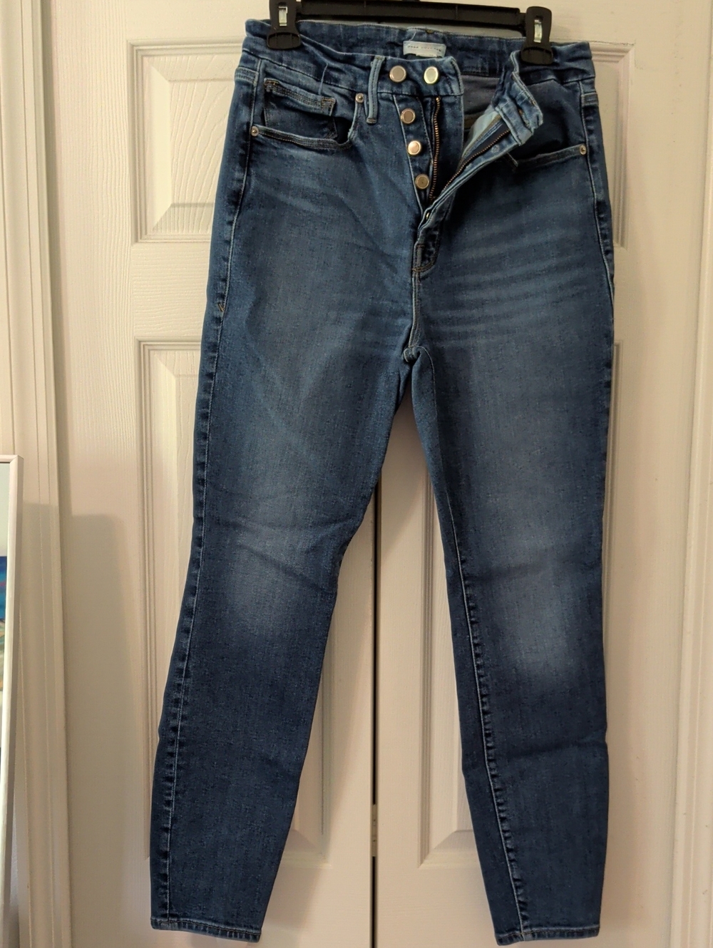 Good American High-Rise Button-Fly Jeans in Blue Wash